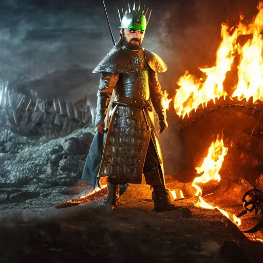 Image similar to jacksepticeye wearing medieval irish armor, looking somewhere in the distance, flames surrounding him, game of thrones cover art, 8k, studio light