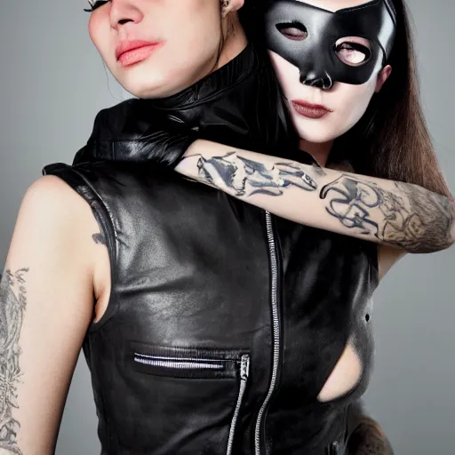 Image similar to Hot young woman, grey skin, void eyeballs, tattoos, wearing a leather jacket, hugging a shrouded and masked person to her chest concept art, 8k