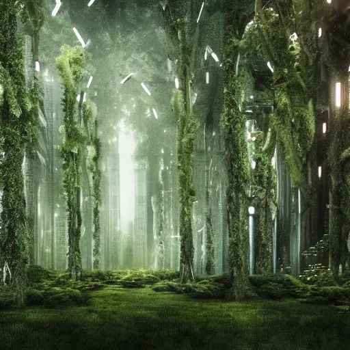 Prompt: a forest surrounded by futuristic city