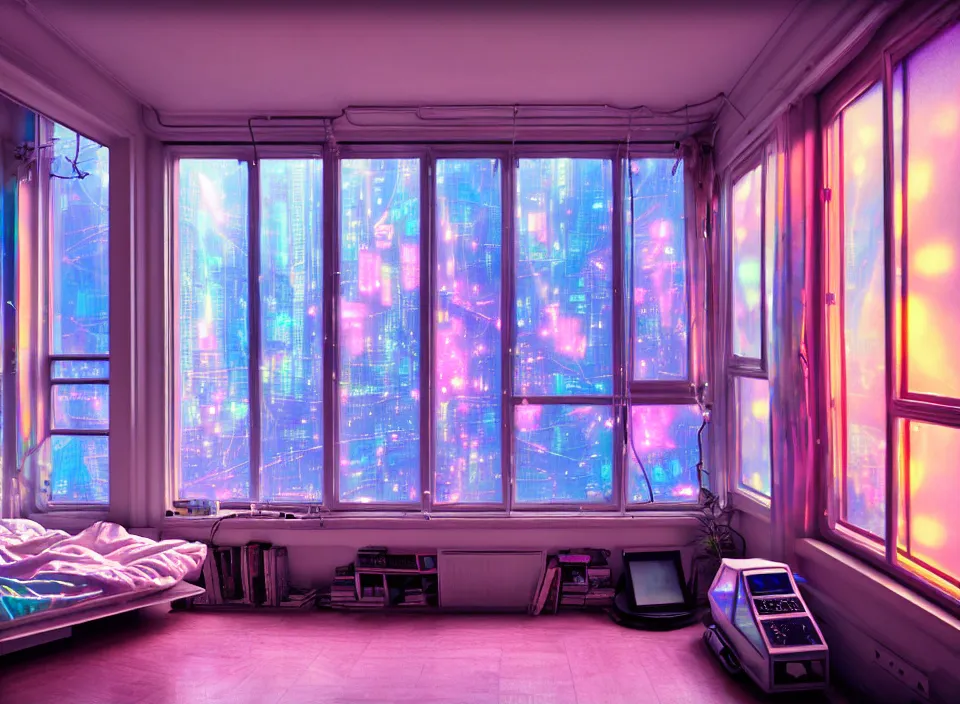 Image similar to telephoto photograph depicting the experience of acceptance in a cosy cluttered french sci - fi ( art nouveau ) cyberpunk apartment in a pastel dreamstate art cinema style. ( iridescent terrarium!, computer screens, window ( city ), leds, lamp, ( ( ( terrarium bed ) ) ) ), ambient light.