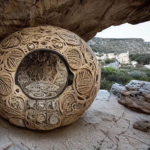 Prompt: a gigantic paleolothic torus made of stone with highly detailed carvings of intricate shamanic robotic electronics and circuitry, in a mediterranean lanscape, inside a valley overlooking the sea