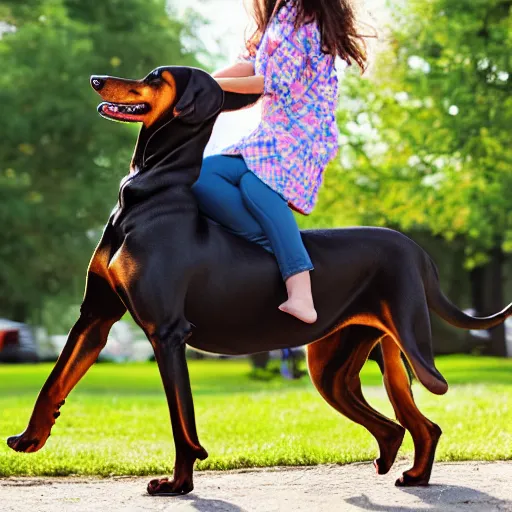 Image similar to girl riding a giant doberman in the park