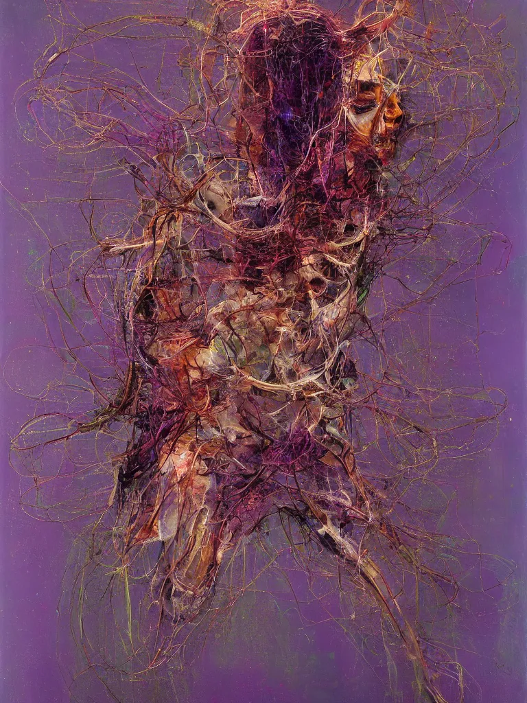 Image similar to a beautiful abstract painting by ramon chirinos of a glitched human nervous system, color bleeding, pixel sorting, copper oxide material, brushstrokes by jeremy mann, studio lighting, pastel purple background, square shapes