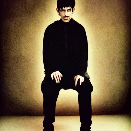 Image similar to hd portrait of a 3 5 - year old man with a disorienting, clinical aesthetic. black hair. black clothes. a modern - day warlock and psychonaut of the mastigos path. portrait photography by annie leibovitz.