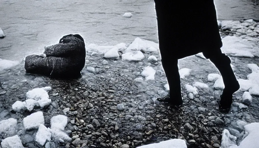 Image similar to 1 9 6 0 s movie still close up of marcus aurelius frozen to death, feets in a river with gravel and pebbles, pine forests, cinestill 8 0 0 t 3 5 mm b & w, high quality, heavy grain, high detail, texture, dramatic light, anamorphic, hyperrealistic, foggy