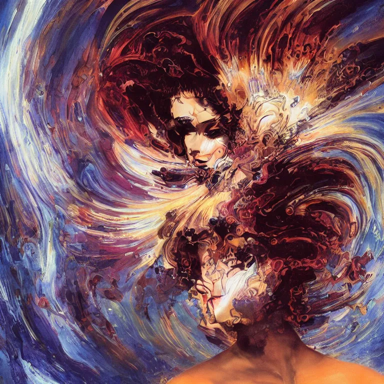 Prompt: rotation 2 0 ° of a portrait of a woman with swirling hair and fractal explosion by frank frazetta, retrofuturism, psychedelic art reimagined by industrial light and magic