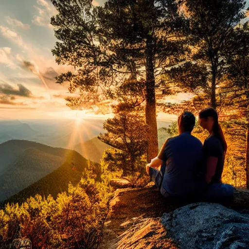 Image similar to a happy couple sitting on a mountain watching the sun rise, photograph, realistic, hdr