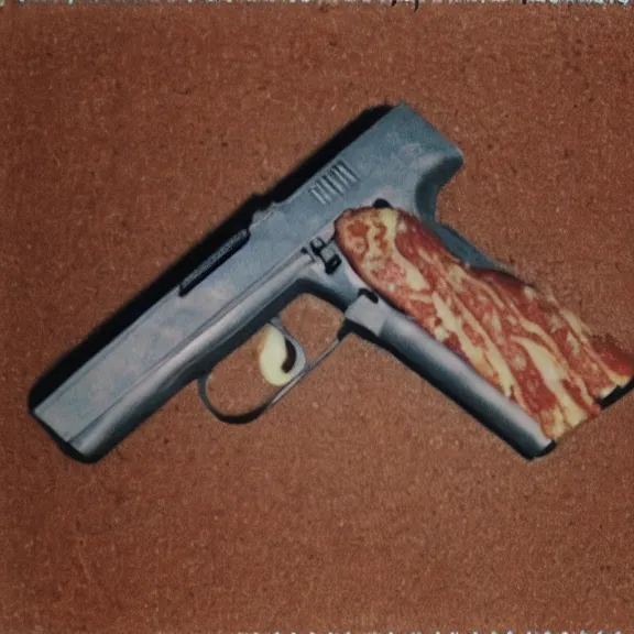 Prompt: pistol made out of meat, high quality polaroid photo