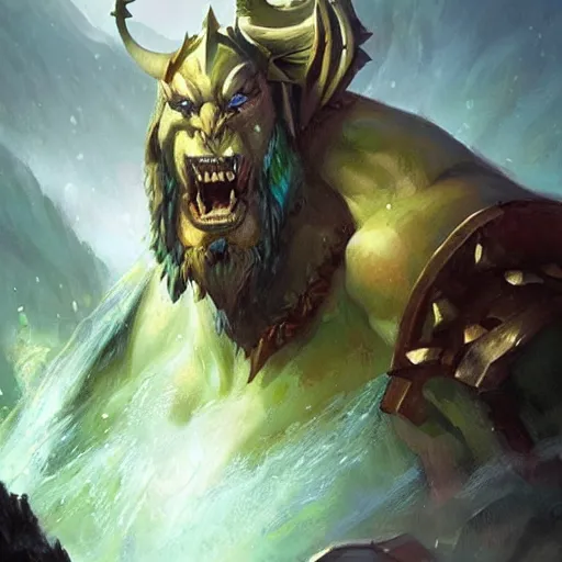 Image similar to the hero mountain king from the game warcraft 3, oil painting, by greg rutkowski