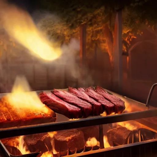 Image similar to asado argentino, highly detailed digital matte painting, smoked meat inside the barbacue, award painting, volumetric ligth, trending on artstation, 4 k,