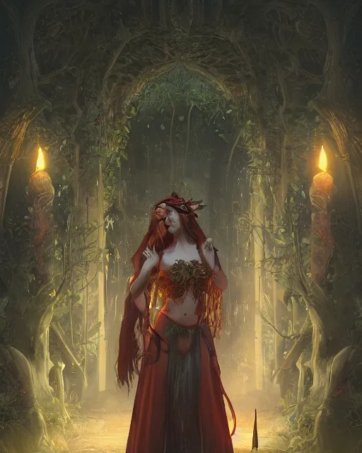 Prompt: Beautiful art portrait of Melissa Rquch as a fantasy gothic priestess in a bright temple surrounded by lush forest, atmospheric lighting, intricate detail, cgsociety, hyperrealistic, octane render, RPG portrait, ambient light, dynamic lighting