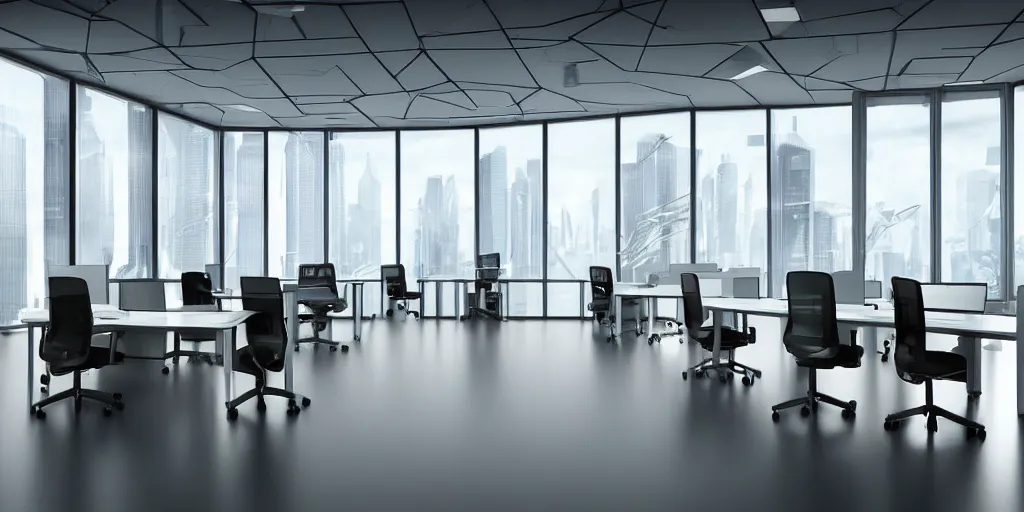 Image similar to an sci - fi futuristic office with levitating chairs, windows of a futuristic city in the background hyper - realistic digital art