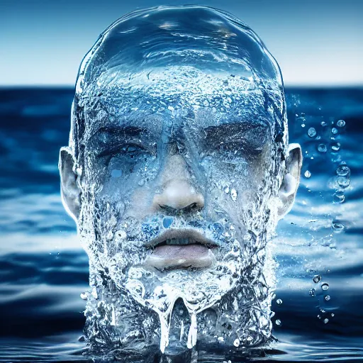 Image similar to water artwork manipulation in the shape of a human head, on the ocean water, ray tracing, realistic water sharp focus, long shot, 8 k resolution, cinematic, amazing water art