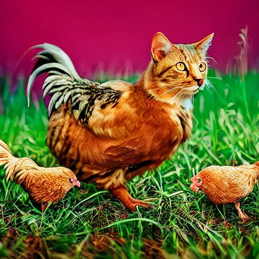 Prompt: hybrid of a cat and a chicken, wild species photography, vivid colors, award-winning, cinematic