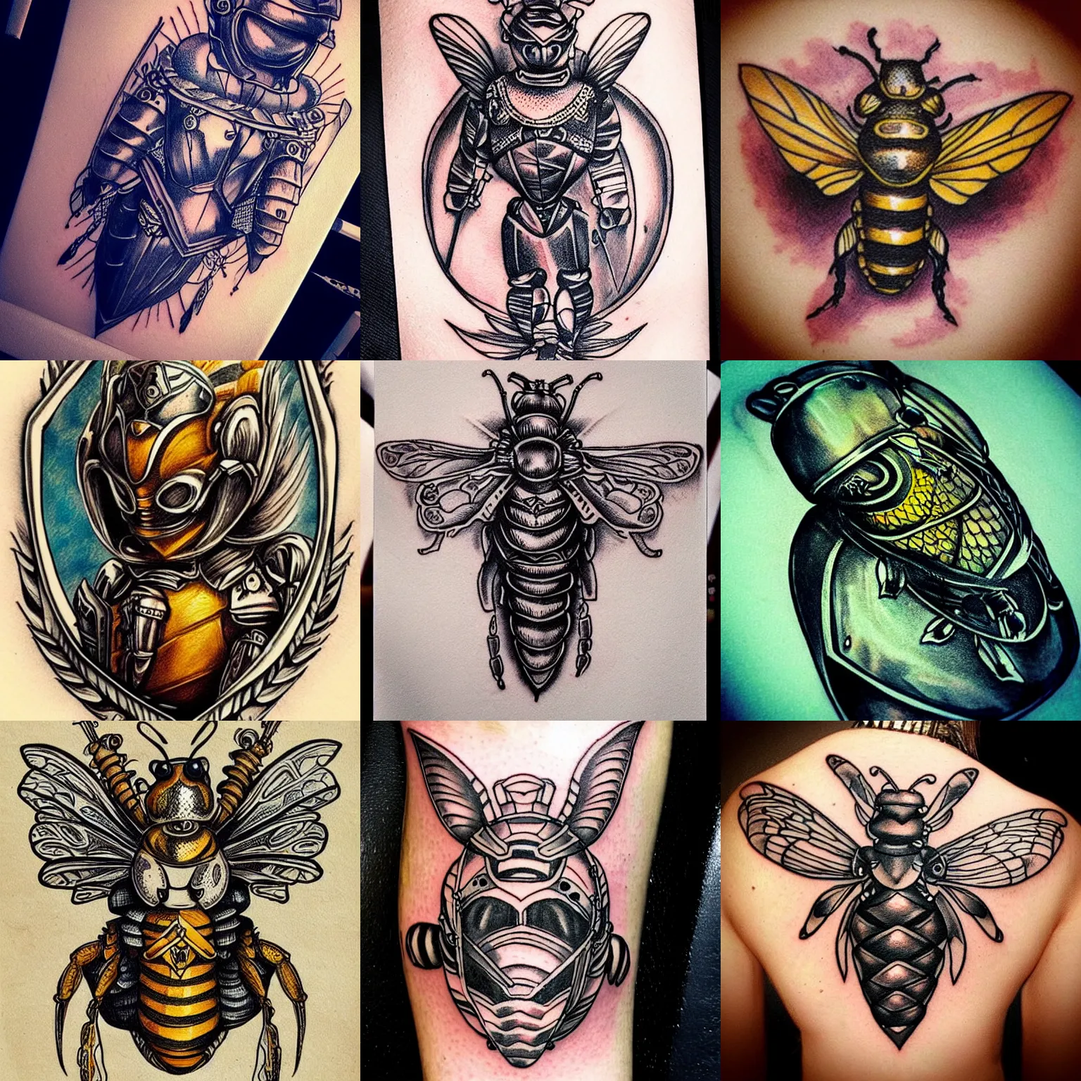 Prompt: “tattoo design of a queen bee wearing a suit of armor, american traditional style, realistic”