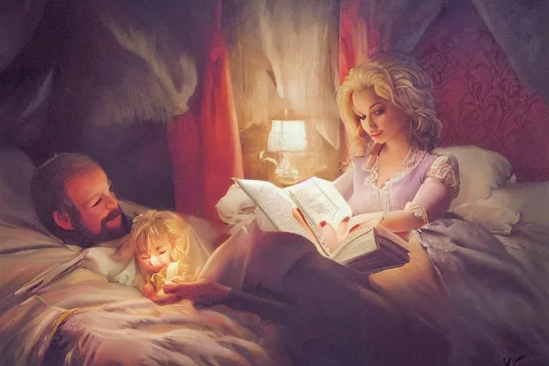 Image similar to portrait of young dolly parton reading a bedtime story to jim morison in bed, an oil painting by ross tran and thomas kincade