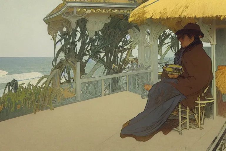 Image similar to a matte painting of a man sitting down and having a cup of tea in his house by the beach, by alphonse mucha, muted colors