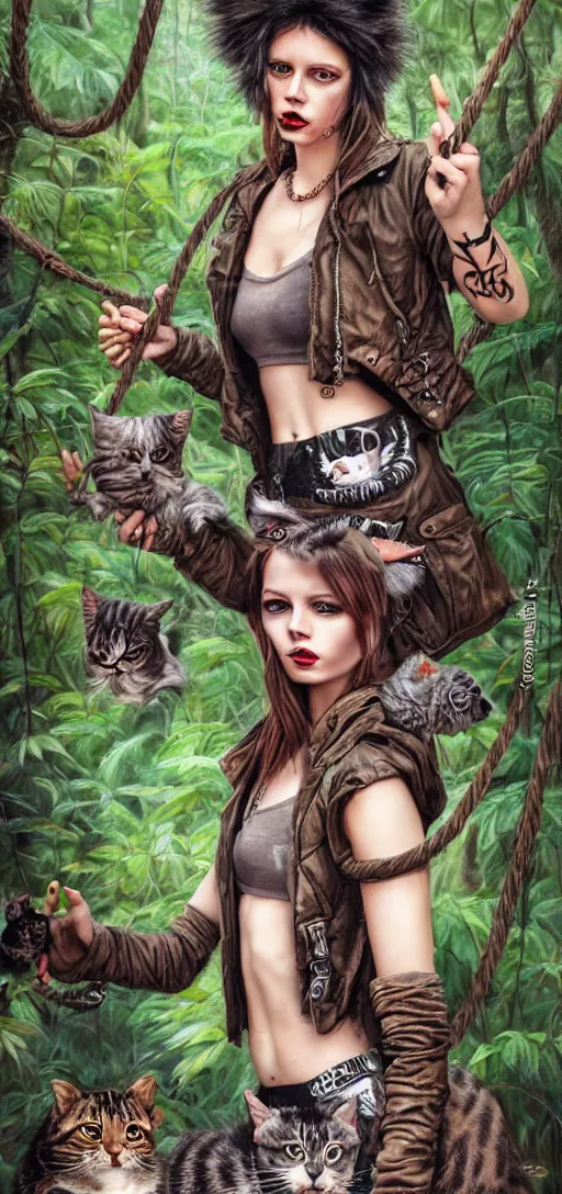 Prompt: cute punk rock girls making selfie in jungles with cats, mad max jacket, renaissance, cables on her body, hyper realistic style, oil painting, highly detailed, 4K, fantasy by Olga Fedorova