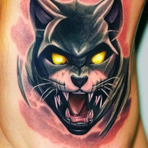 Image similar to a tatoo of rengar from league of legends,