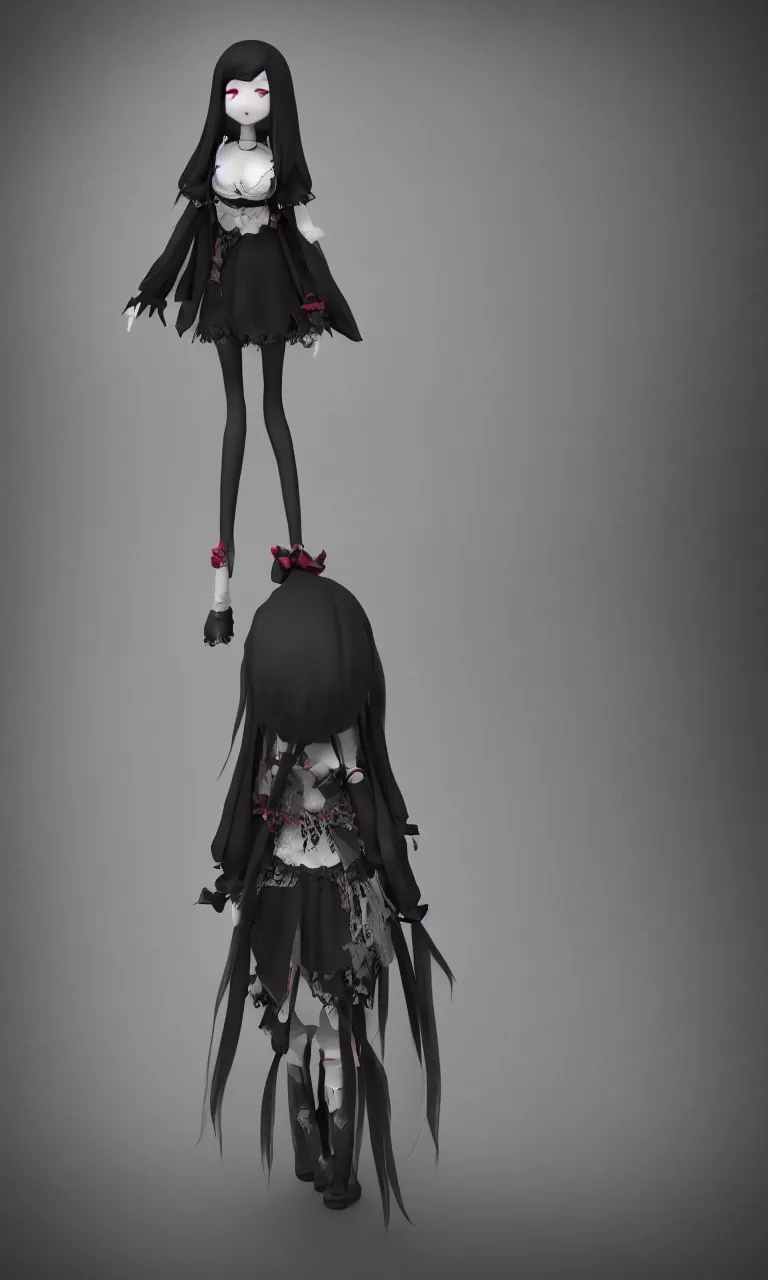 Image similar to cute fumo plush girl enigmatic gothic maiden standing in the center of the dark abyss, vignette, vray