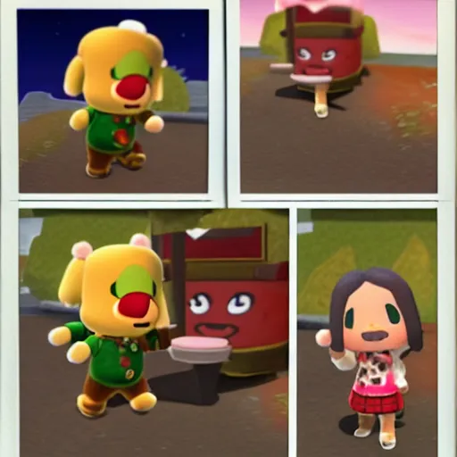 Image similar to doom guy and isabelle from animal crossing going on a date, polaroid photograph reel