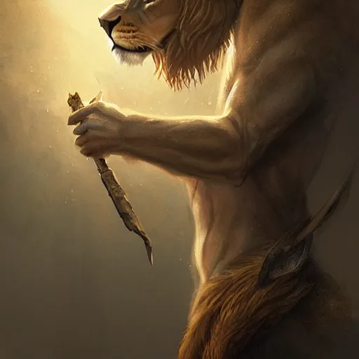 Prompt: an anthropomorphic half lion half human holding a wand,wizard,fantasy art,digital art,art by greg rutkowski,realiatic,photorealistic,hyperdetailed,detailed face,professional lighting,mysterious,cinematic