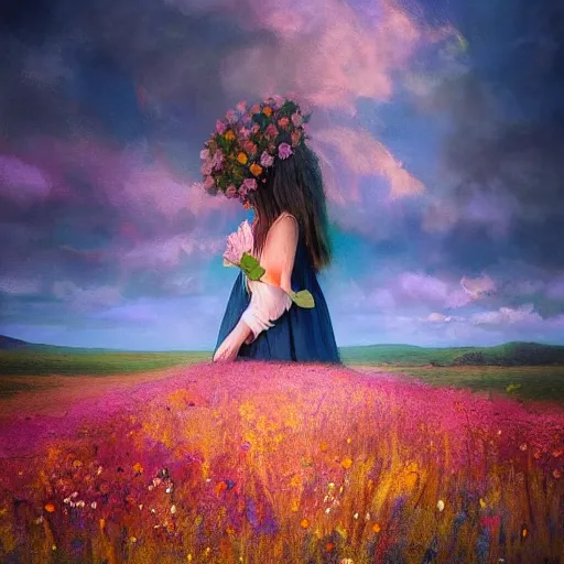 Image similar to girl with a singular flower for a head, surreal photography, dream, standing in flower field, magical, in a valley, sunrise dramatic light, impressionist painting, colorful clouds, artstation, simon stalenhag, flower face