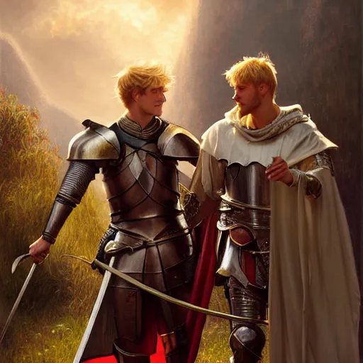 Image similar to attractive arthur pendragon and his favourite attractive male knight, they are in love, camelot, natural lighting, path traced, highly detailed, high quality, digital painting, by gaston bussiere and ross tran and j. c. leyendecker