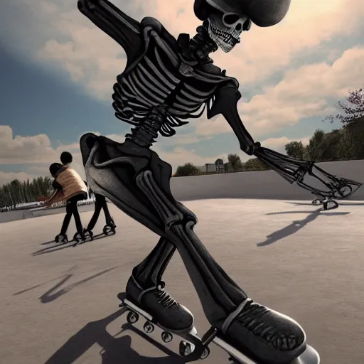 Image similar to skeleton skater at the skatepark, digital art, artstation, hyperdetalied, high quality, high rendering, 8k, light,