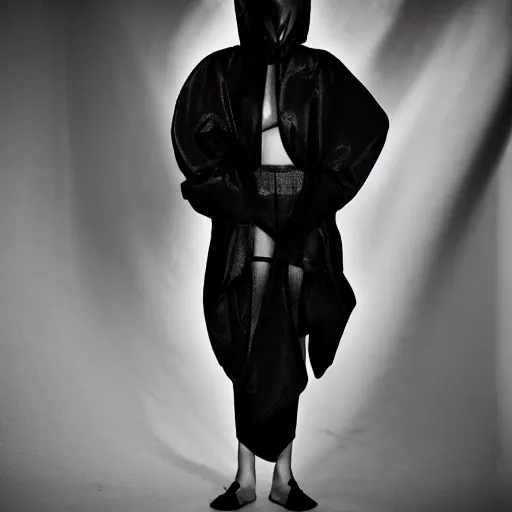 Image similar to fashion photography of a genderless alien model, full body, wearing a black kimono, photo 3 5 mm leica, hyperdetail, berghain, 8 k, very detailed, black and white