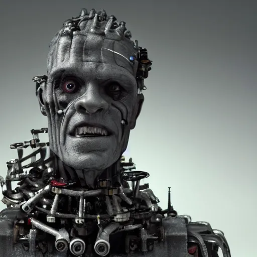 Image similar to a frankenstein monster made out of mechanical parts, 8 k, shallow depth of field, 8 k, ultra high detail, concept art,