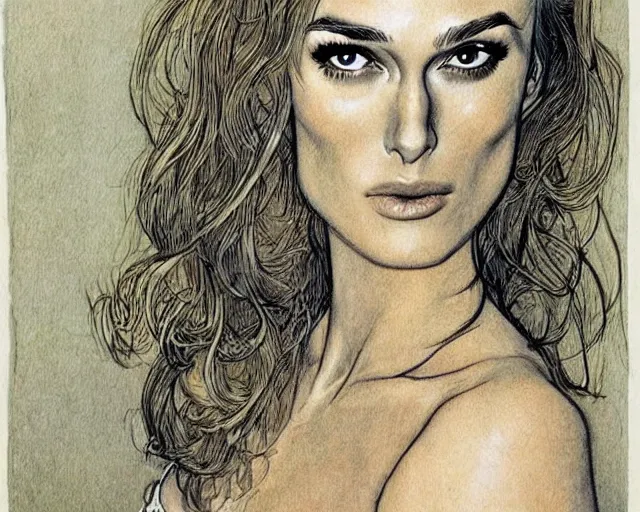 Prompt: portait of keira knightley drawn by milo manara, from a 1 9 6 9 comic book