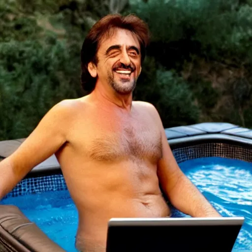 Prompt: al pacino scarface hot tub scene, except he is smiling and holding a laptop