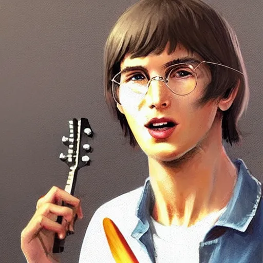 Image similar to a highly detailed epic cinematic concept art CG render digital painting artwork costume design: young Steve Jobs as a student in a 1970sdressed as a hippie playing guitar at a concert. By Greg Rutkowski, Ilya Kuvshinov, WLOP, Stanley Artgerm Lau, Ruan Jia and Fenghua Zhong, trending on ArtStation, made in Maya, Blender and Photoshop, octane render, excellent composition, cinematic atmosphere, dynamic dramatic cinematic lighting, aesthetic, very inspirational, arthouse