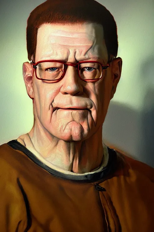Prompt: a detailed realistic painting of hank hill from king of the hill by rembrandt, in the style of rembrandt, photorealistic, vibrant colors, studio lighting, volumetric lighting, micro details