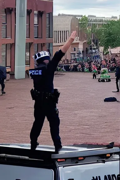 Image similar to a photo taken from a distance of police surrounding a man floating in the air with his hands up