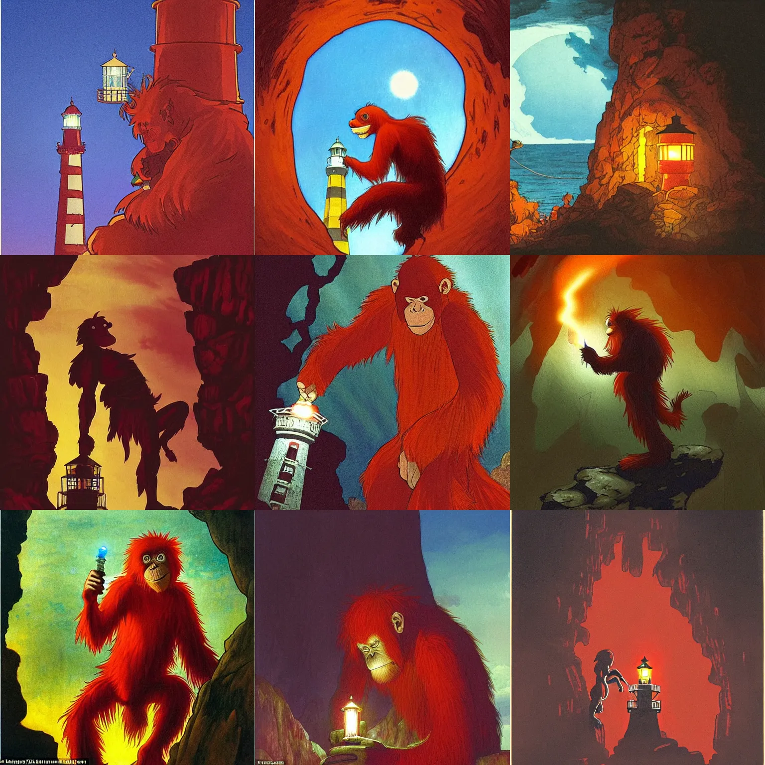 Prompt: an red orangutan as adventurer lights a lighthouse as torch in the depths of a dark dungeon, dramatic lighting, fluid, smooth, bright, colours, high contrast, sharpness, very detailed, intricate, by studio ghibli, mucha and studio disney and caravaggio