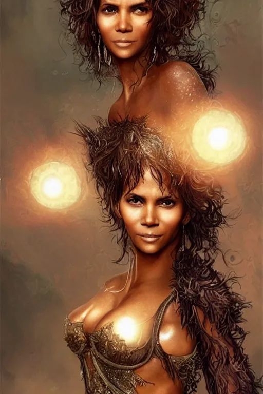 Prompt: sexy Halle Berry, fantasy, intricate, highly-detailed, elegant, dramatic lighting, gorgeous face, sexy gown, lifelike, photorealistic face, digital painting, artstation, illustration, concept art, smooth, sharp focus, art by Jude Palencar, Luis Royo, John Collier and Albert Aublet and Krenz Cushart and Artem Demura and Alphonse Mucha