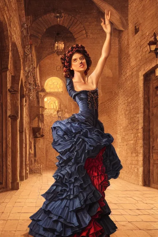 Image similar to rosalia vila i tobella, the singer rosalia, highly detailed, spanish princess, flamenco dancer, highly detailed, digital painting, night scene, 1 8 th century barcelona courtyard, trending on artstation, concept art, sharp focus, illustration, art by artgerm and greg rutkowski and magali villeneuve