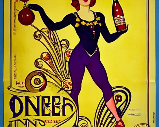 Image similar to art nouveau tin poster, dancer, melchizedek champagne bottle. cheerful, bright