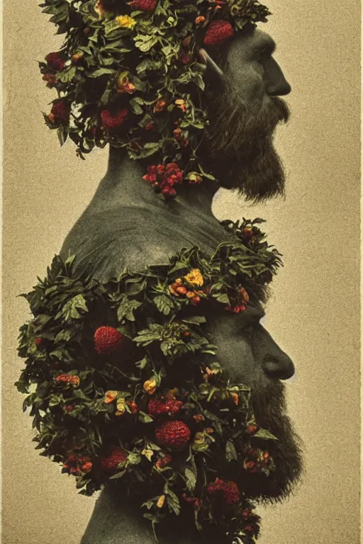 Prompt: an Irish man's face in profile, long beard, made of flowers and fruit, in the style of the Dutch masters and Gregory crewdson, dark and moody