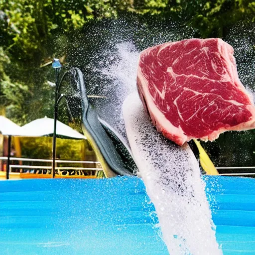 Prompt: a medium rare steak on a waterslide, high contrast, slow - mo high speed photography, water splashing, summertime water park