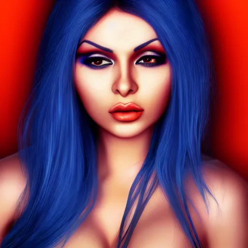 Image similar to portait of haifa wehbe, sadness look, long hair blue centred, hd, digital painting, unreal engine, final fantasy style, amazing red orange background theme