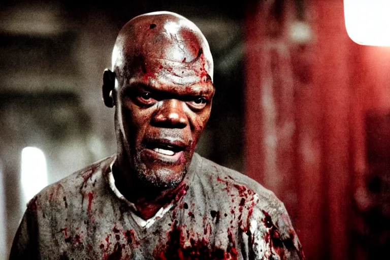 Image similar to samuel l. jackson as a zombie, blood, decay, cinematic lighting, portrait, medium shot, horror movie still