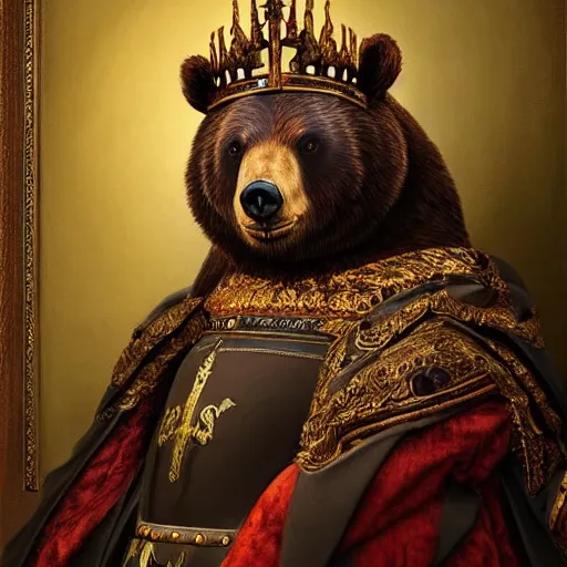 Image similar to “ an oil painting portrait of a bear wearing medieval royal robe and an ornate crown on a dark background ” digital art, concept art, highly detailed, 3 - d 4 k, trending on art station, award winning, mark brooks,