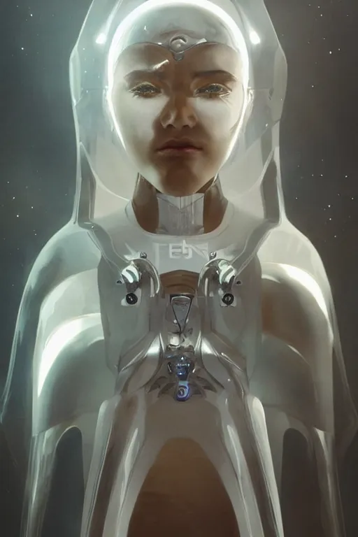 Image similar to beautiful cyborg priestess, scifi, perfect face, futuristic, elegant cape, aura of light, glow, concept art, sharp focus, inside a space ship, trending on artstation, hwang se - on, intricate, advanced technology, art by roman makarenko and simon almeida and marcos melco