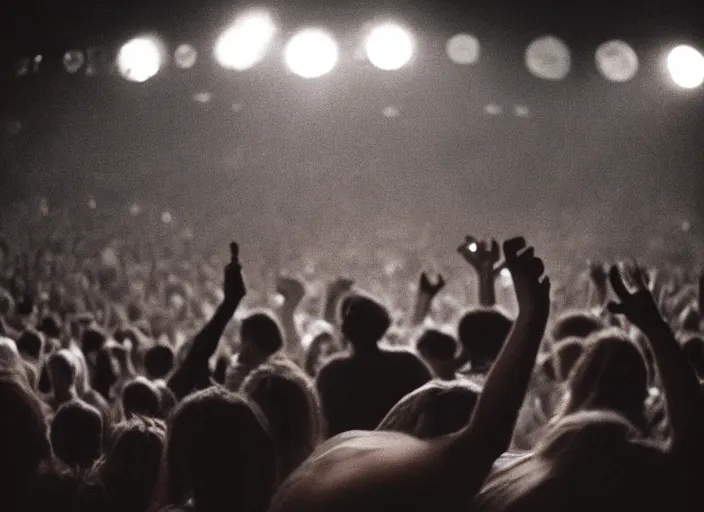 Image similar to a 2 8 mm macro photo from the back of a crowd at a rock concert festival in silhouette in the 1 9 6 0 s, bokeh, canon 5 0 mm, cinematic lighting, dramatic, film, photography, golden hour, depth of field, award - winning, 3 5 mm film grain