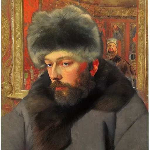 Image similar to portrait of tsar in fur hat Ivan the Terrible listening smartphone masterpiece painting by vasnetsov and surikov, JEAN-VICTOR BERTIN, by Terence Cuneo, detailed, artfully traced, 4k resolution, cinematic, dramatic