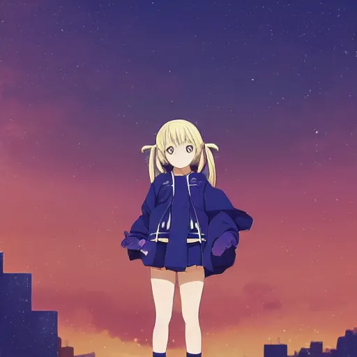 Image similar to Astonishing Pixiv 8K Splash art of an Anime Key Visual Pinterest loli with blond hair and cute pigtails who wears a blue coat with a hood and black shorts when practicing parkour through a big modern city in twilight from Unsplash. She does a superhero pose against a cinematic dark scene of an HDR sunset with faint orange light in Studio Ghibli style. Amazing piece Trending on Artstation and DeviantArt, dynamic lighting,