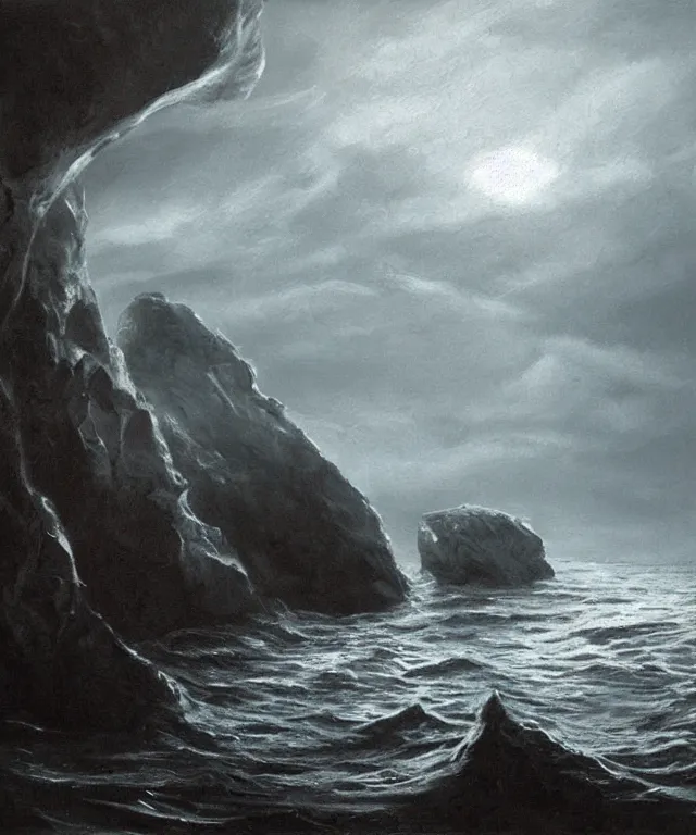 Image similar to photorealistic painting of a 1 9 2 5 seiner sailing near a tropical cliff with the mouth of a sea cave at the waterline, dark, brooding, atmospheric, lovecraft, horror, smooth, epic, highly detailed, cinematic, by lee gibbons